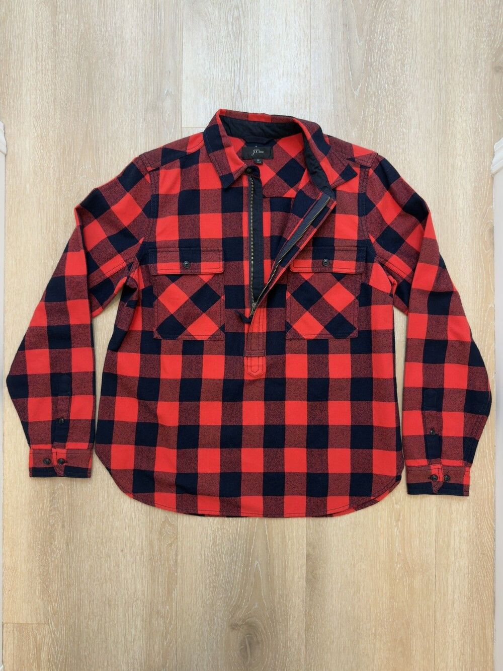 J.Crew Wool Blend Red Buffalo Check 1/2 Zip Popover Shirt Jacket M Plaid Shacket